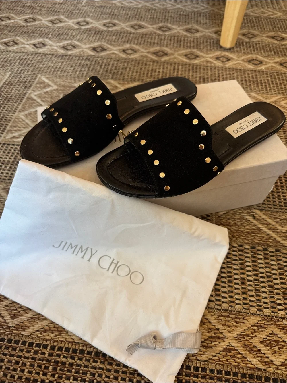 JIMMY CHOO Nanda Studded Slide Suede Flat Sandal Black Gold Size 38 (8)